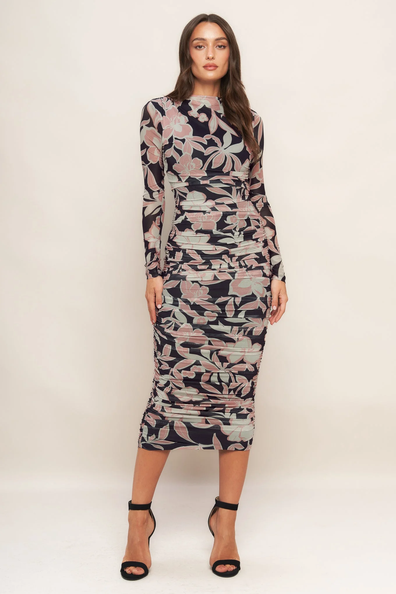 LONG SLEEVE BLACK FLORAL POWER MESH MIDI DRESS - Image 3