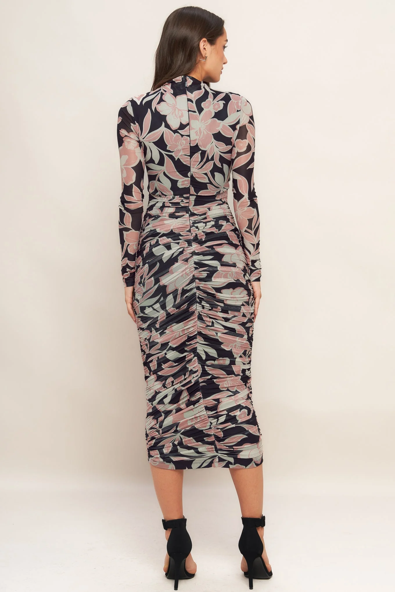 LONG SLEEVE BLACK FLORAL POWER MESH MIDI DRESS - Image 4