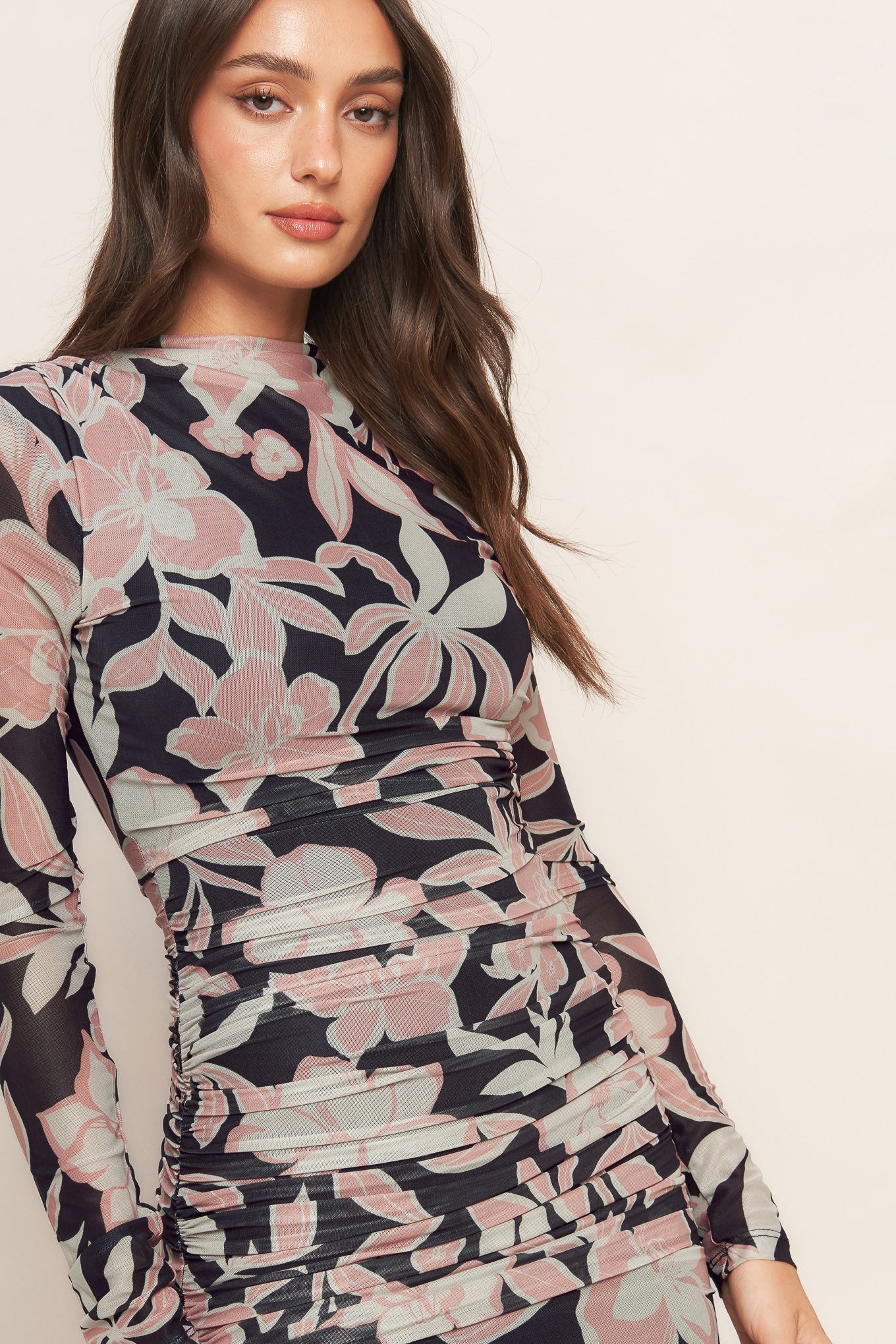 LONG SLEEVE BLACK FLORAL POWER MESH MIDI DRESS - Image 7